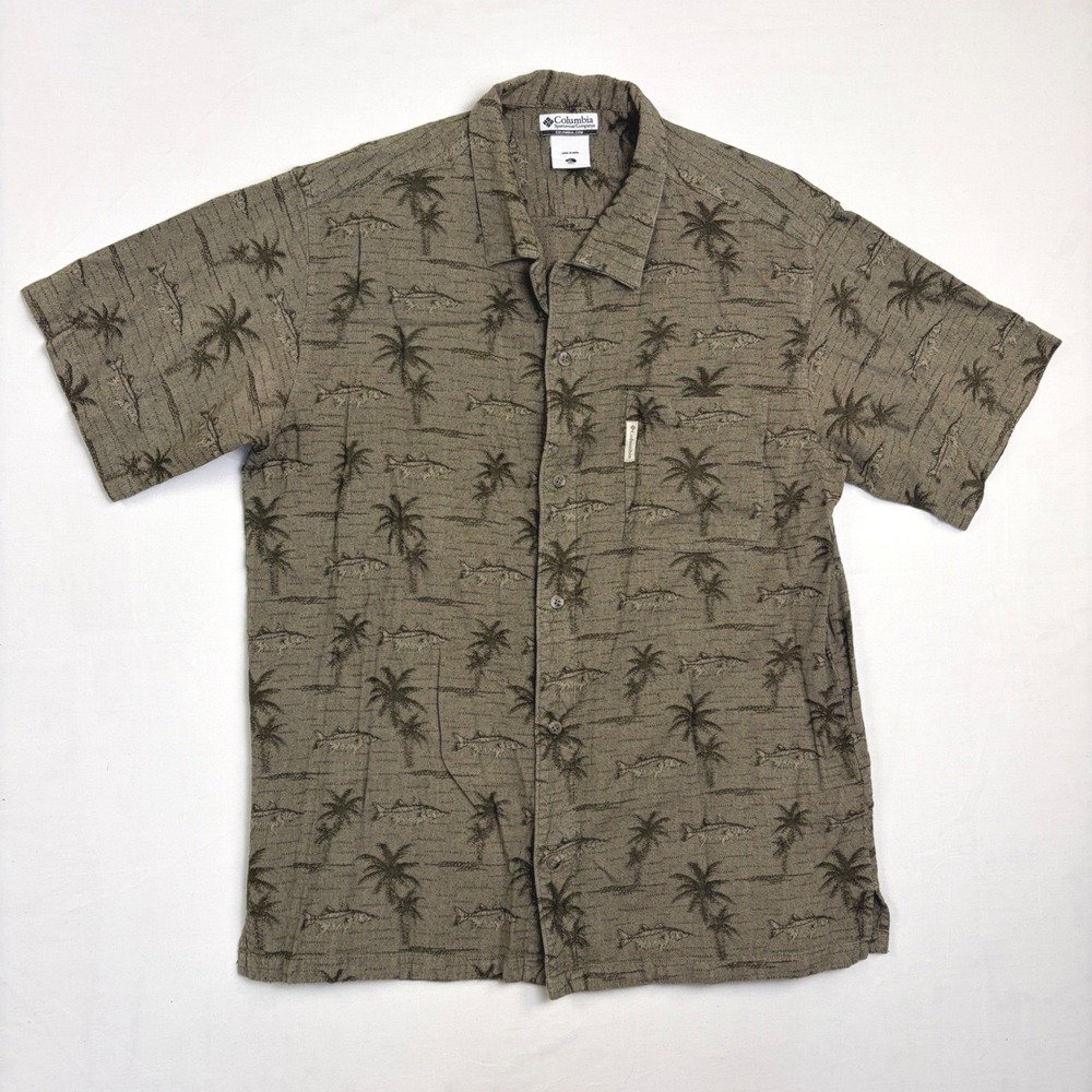 Columbia Sportswear Mens XL Olive Green Palm Tree Fish Print Camp Shirt Outdoor